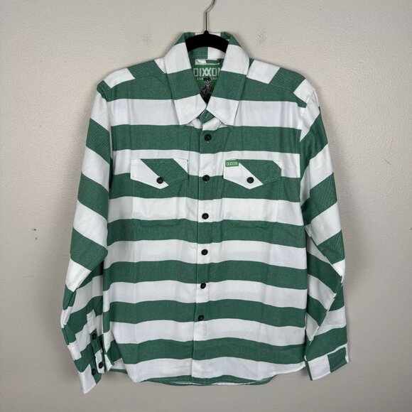Dixxon Flannel Mens Size S Green White Stripe Long Sleeve Button Down Shirt - Picture 2 of 5